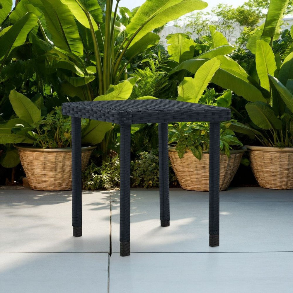 Outdoor Side End Tea Table, 16 Inch Steel, Square Black Poly Rattan