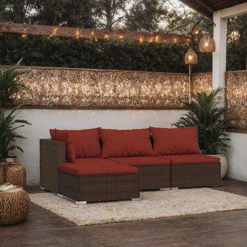 Faye 4pc Outdoor Modular Sofa Set, Brown Poly Rattan and Red Polyester