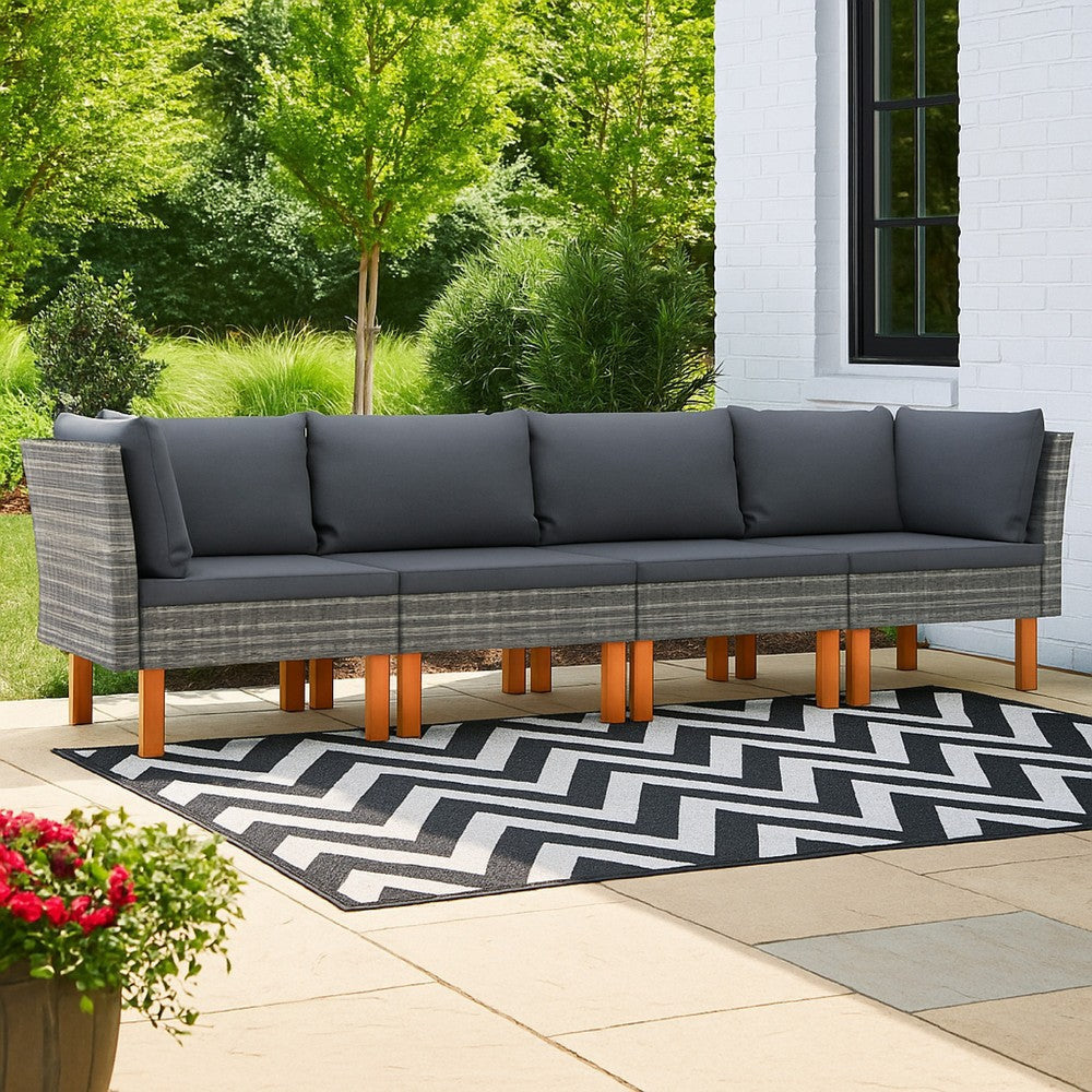 Reem 4pc Modular Sofa Set, Dark Gray Woven Poly Rattan and Cushions