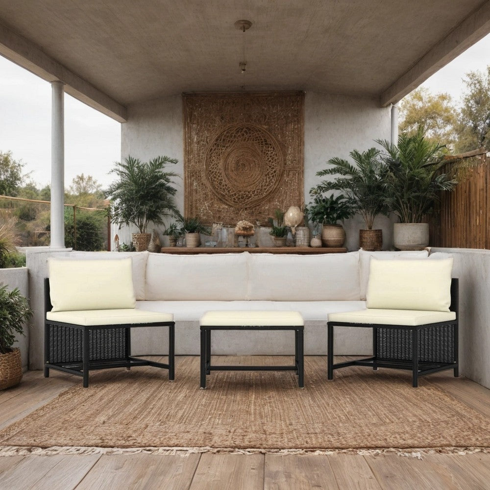 Reno 3pc Outdoor Modular Sofa Set with Ottoman, Ivory, Black Rattan