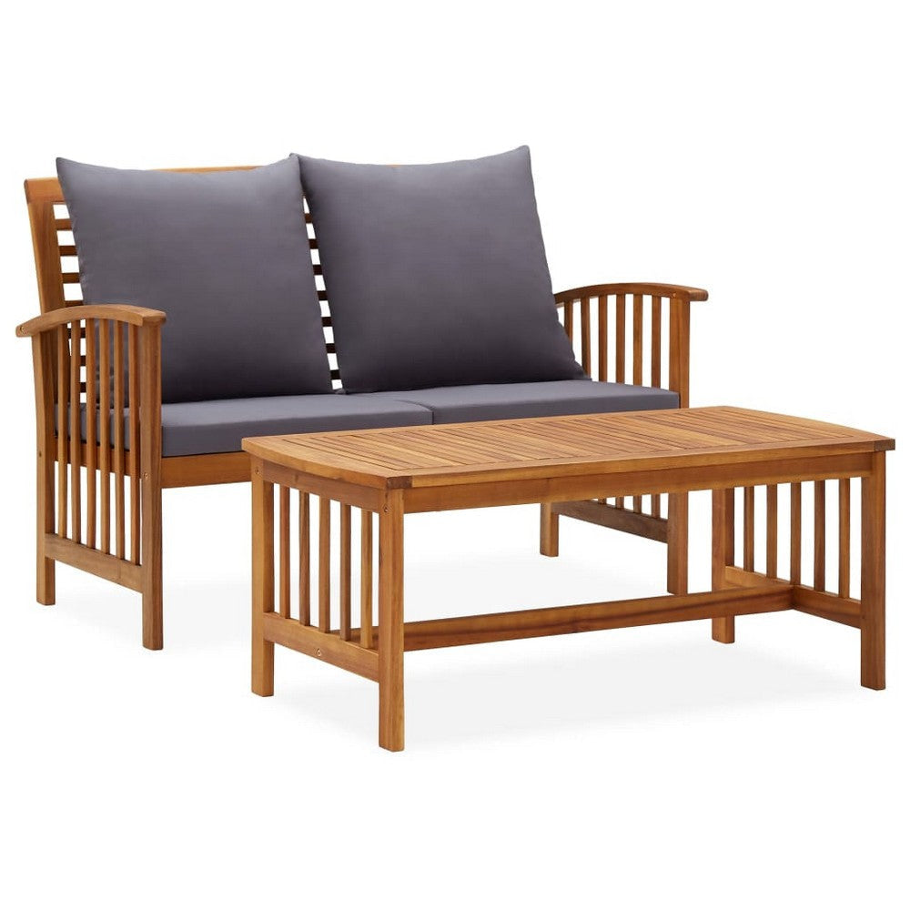 Mia 2pc Loveseat Sofa and Coffee Table Set, Slatted Acacia Wood, Gray