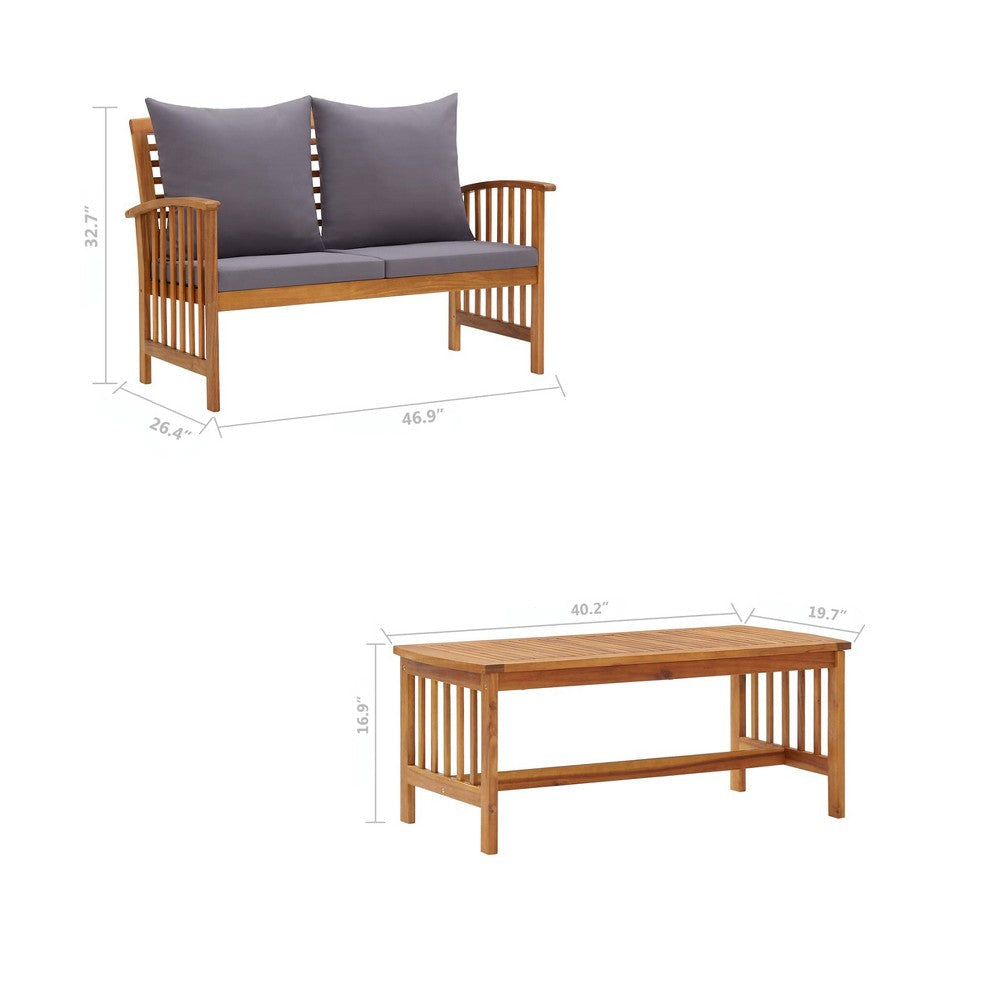 Mia 2pc Loveseat Sofa and Coffee Table Set Slatted Acacia Wood Gray BM325947