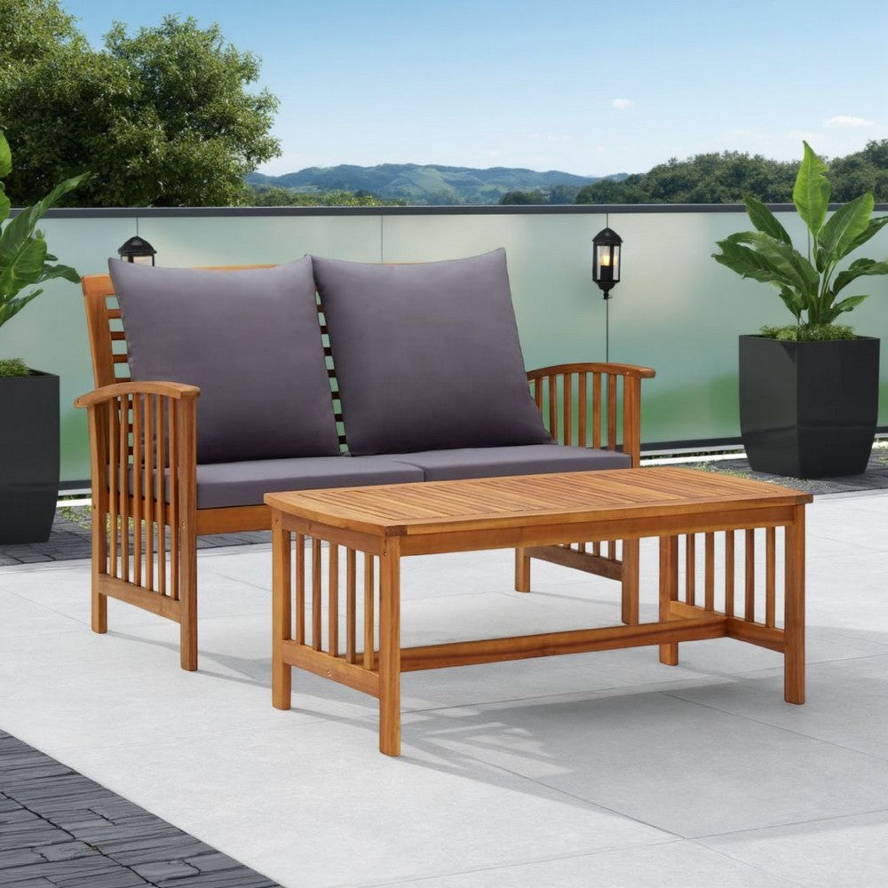 Mia 2pc Loveseat Sofa and Coffee Table Set, Slatted Acacia Wood, Gray
