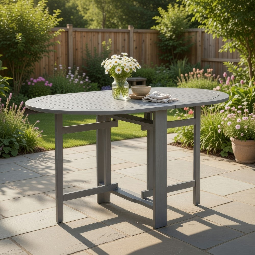 Oval Outdoor Dining Table, Foldable Design, 48 Inch, Gray Acacia Wood