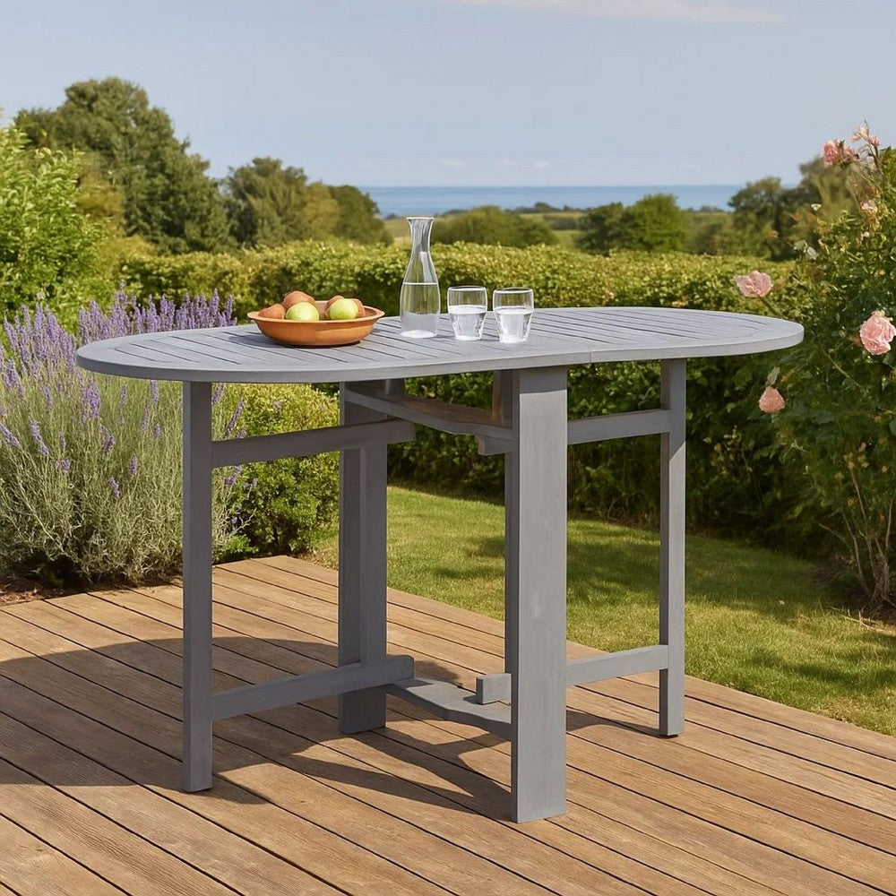 Oval Outdoor Dining Table, Foldable Design, 48 Inch, Gray Acacia Wood