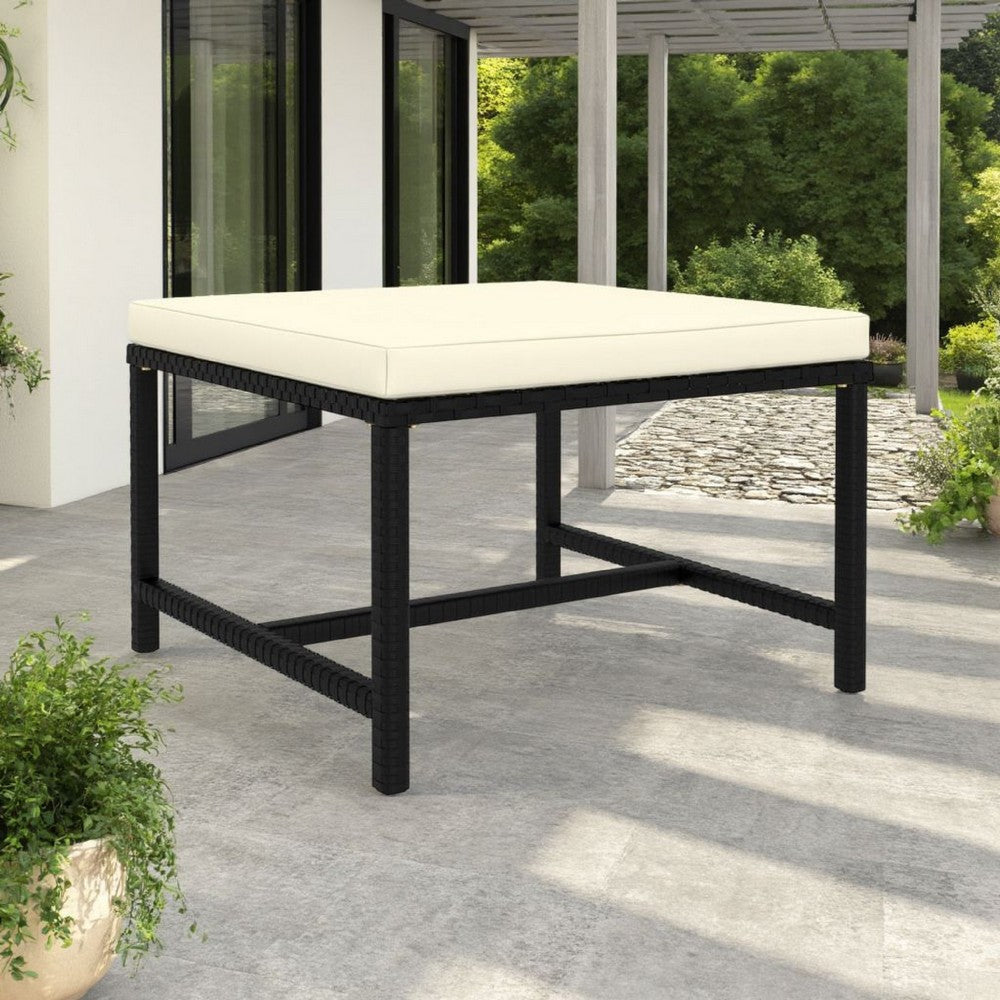 Reno Outdoor Sectional Footrest Ottoman, Black Rattan, Ivory Polyester