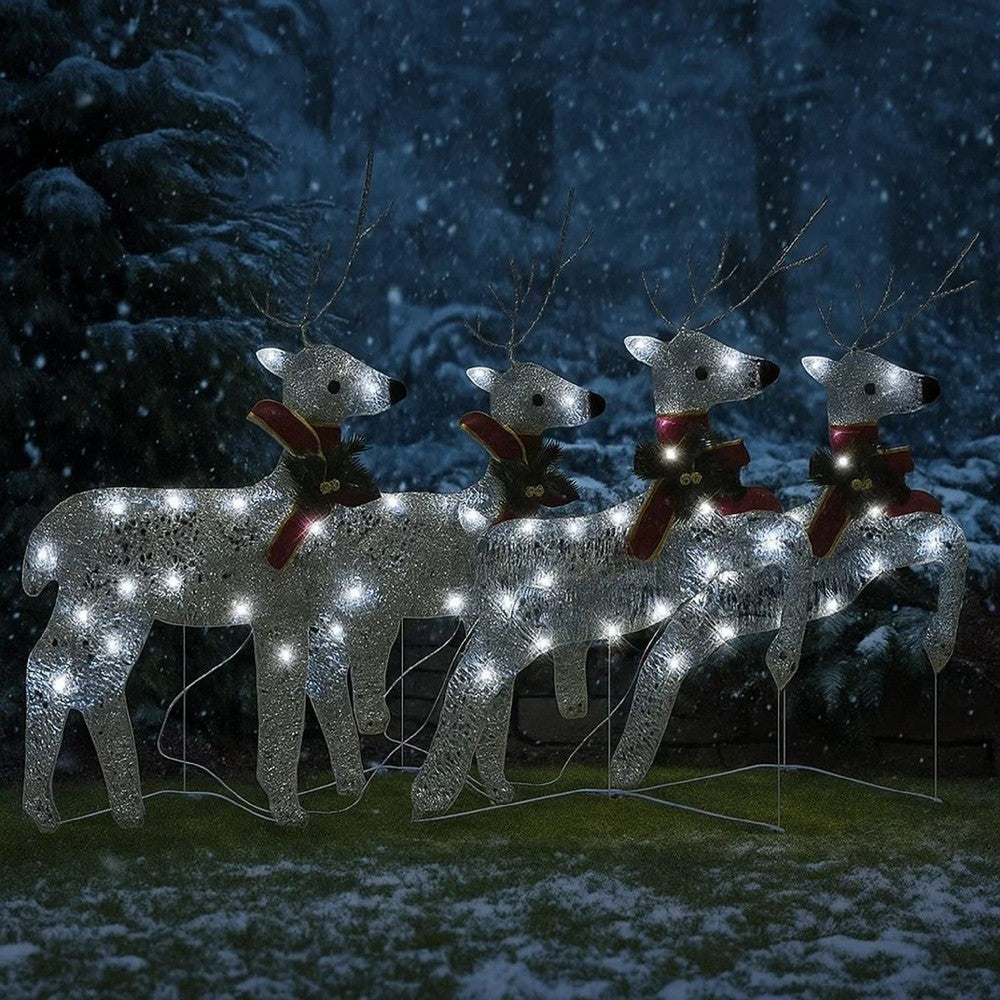 Outdoor 4 Reindeer Christmas Decor, 80 Cool White LEDs, Silver Metal