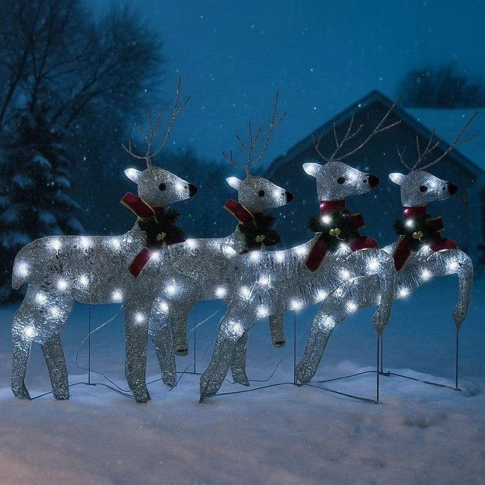 Outdoor 4 Reindeer Christmas Decor, 80 Cool White LEDs, Silver Metal