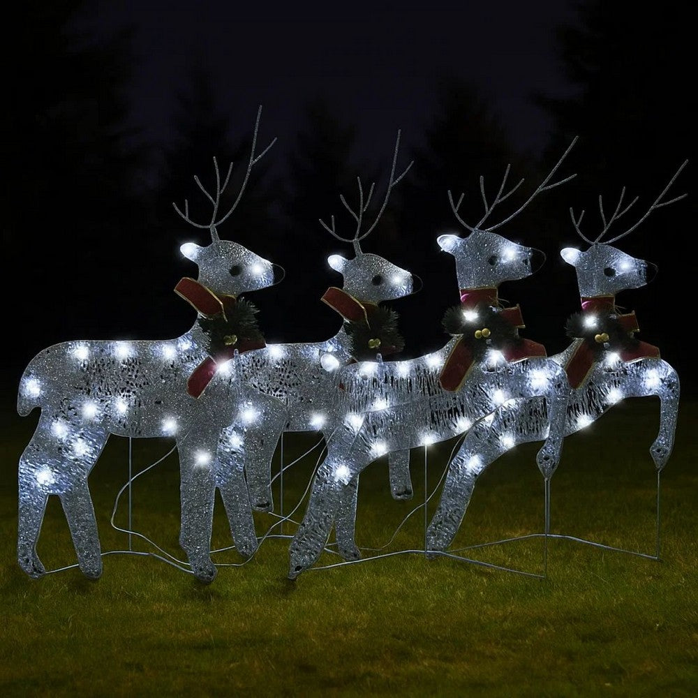 Outdoor 4 Reindeer Christmas Decor, 80 Cool White LEDs, Silver Metal