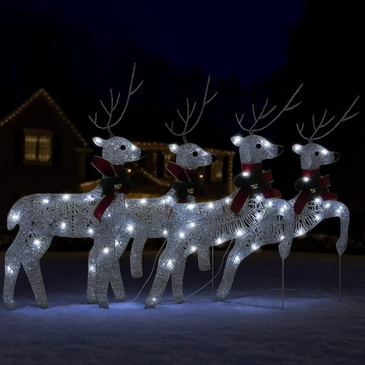 Outdoor 4 Reindeer Christmas Decor, 80 Cool White LEDs, Silver Metal