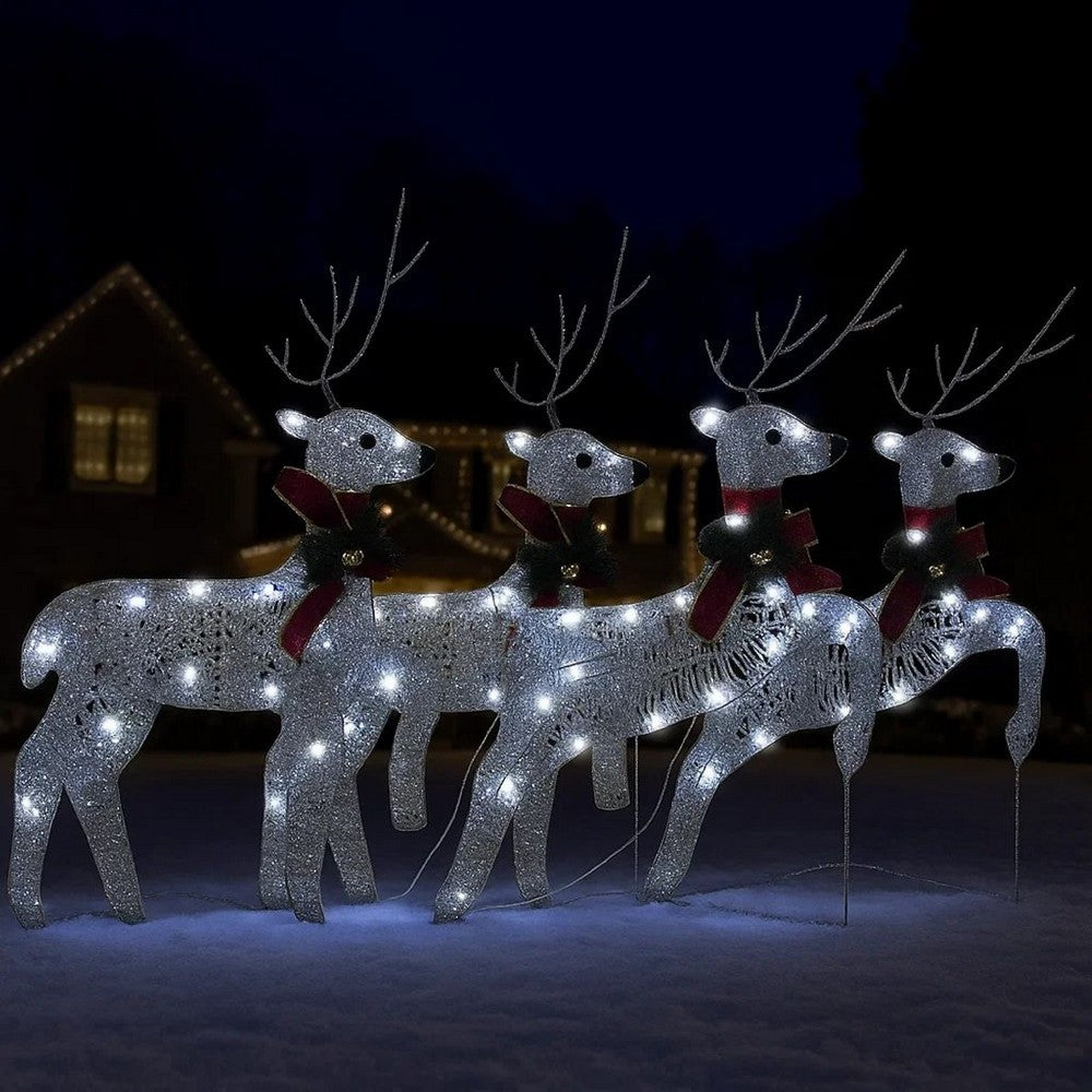 Outdoor 4 Reindeer Christmas Decor, 80 Cool White LEDs, Silver Metal