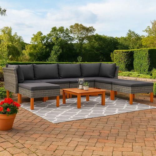 Reem 7pc Modular Sofa and Ottoman Set, Rattan Frame, Gray Polyester