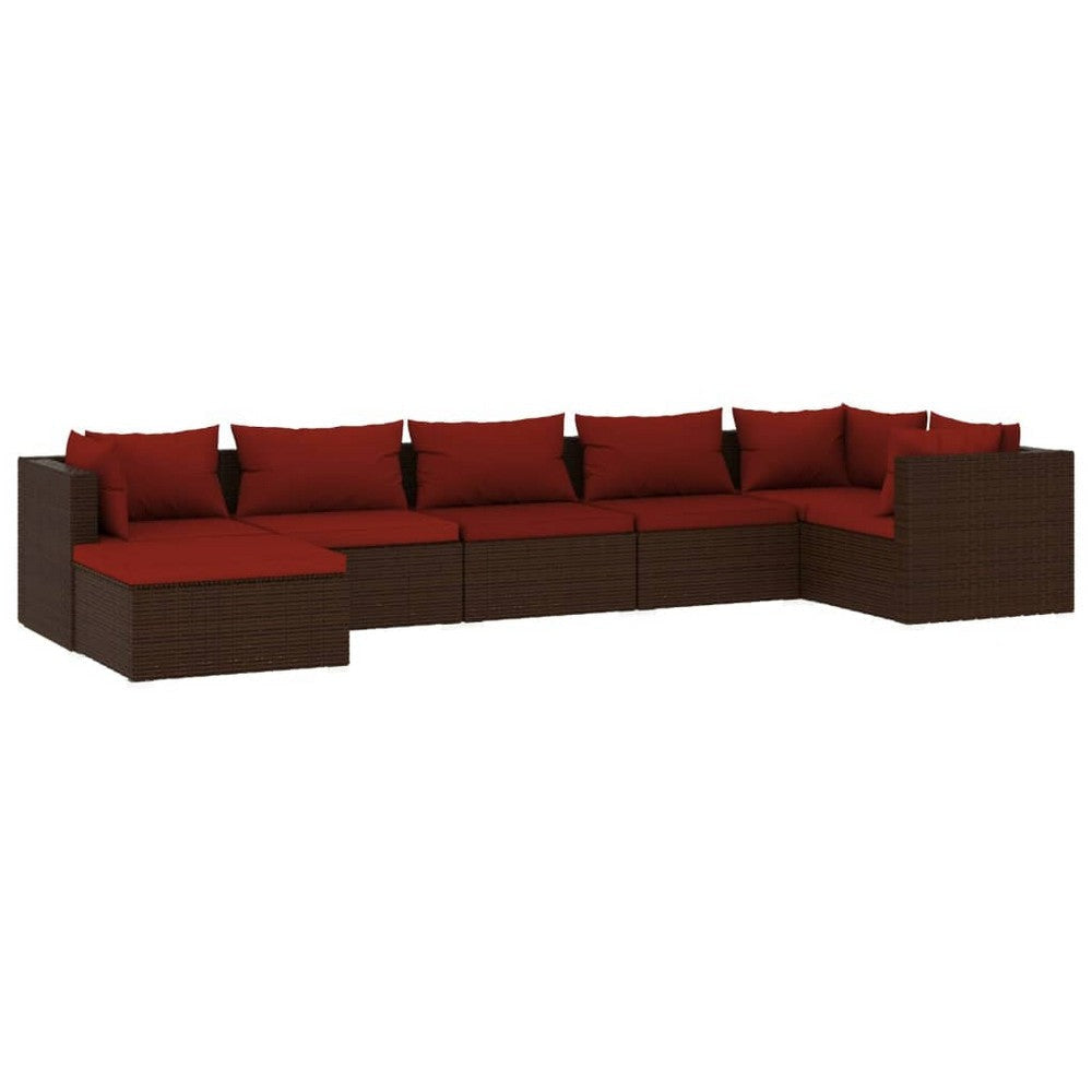 Faye 7pc Modular Lounge Sofa Set, Brown Poly Rattan, Red Cushions