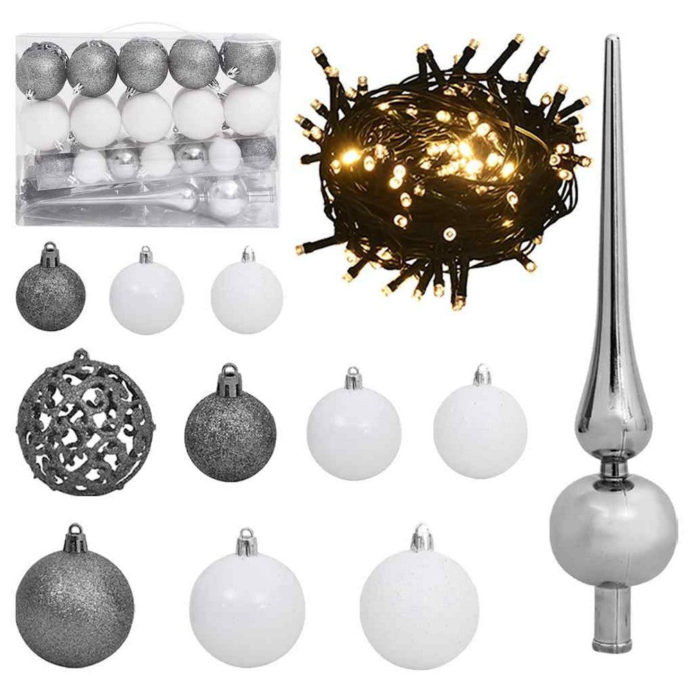61pc Christmas Ornament Set w Topper, LED String Lights, White Silver