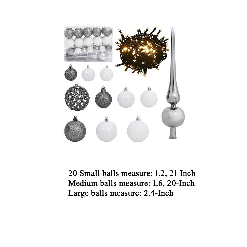 61pc Christmas Ornament Set w Topper LED String Lights White Silver BM325966