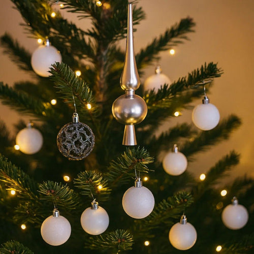 61pc Christmas Ornament Set w Topper, LED String Lights, White Silver