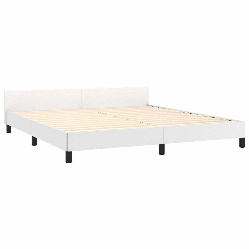 Queen Size Bed White Faux Leather Upholstered Headboard Wood Slats BM325967