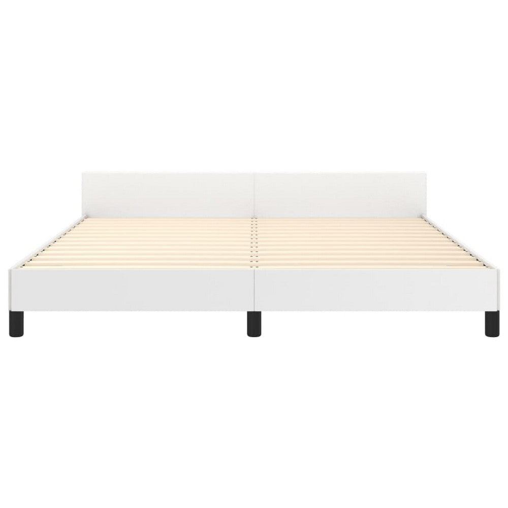 Queen Size Bed White Faux Leather Upholstered Headboard Wood Slats BM325967