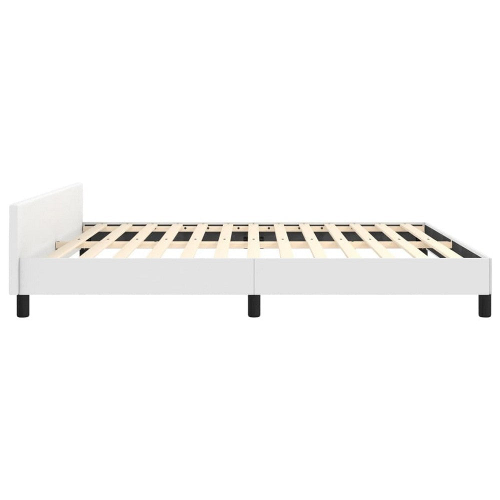 Queen Size Bed White Faux Leather Upholstered Headboard Wood Slats BM325967
