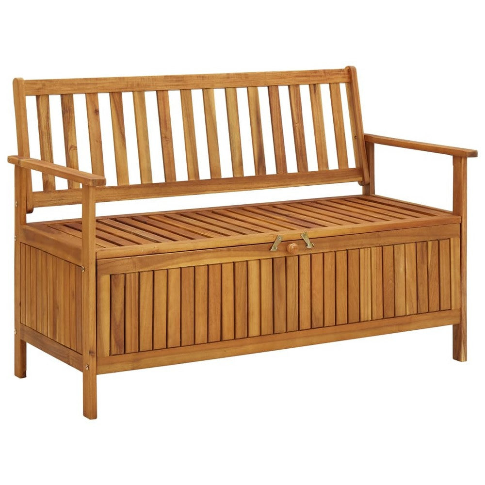 Outdoor Storage Bench, Slatted, 47 Inch Natural Brown Acacia Wood