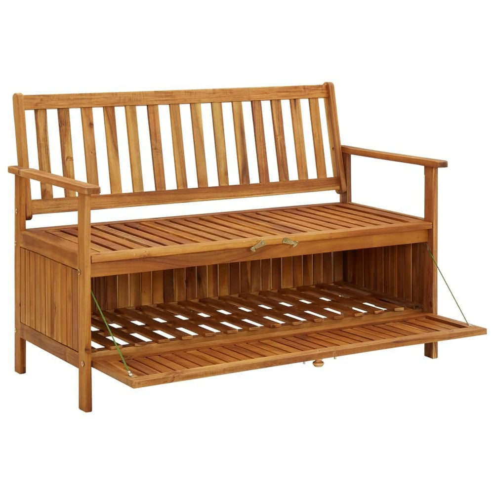 Outdoor Storage Bench Slatted 47 Inch Natural Brown Acacia Wood BM325968