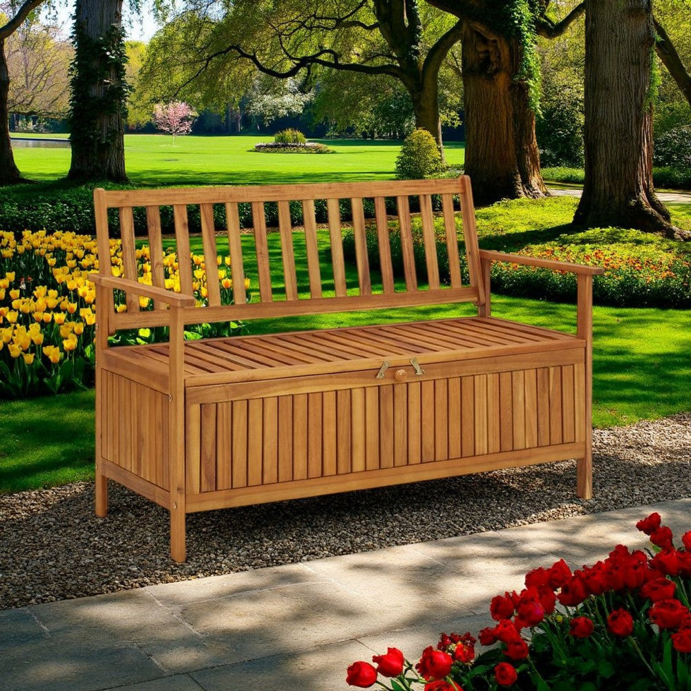 Outdoor Storage Bench, Slatted, 47 Inch Natural Brown Acacia Wood