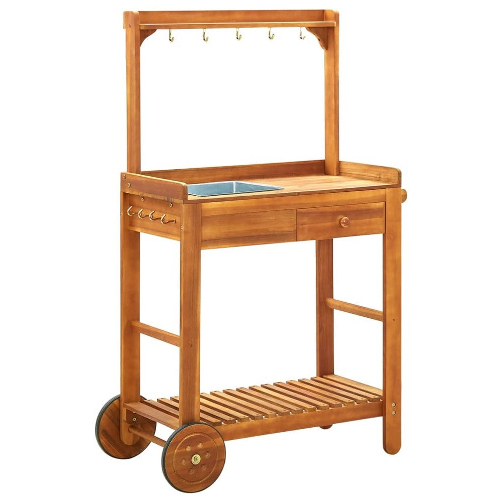 Outdoor Rolling Garden Cart on Wheels, Multi Purpose w Tray, Brown