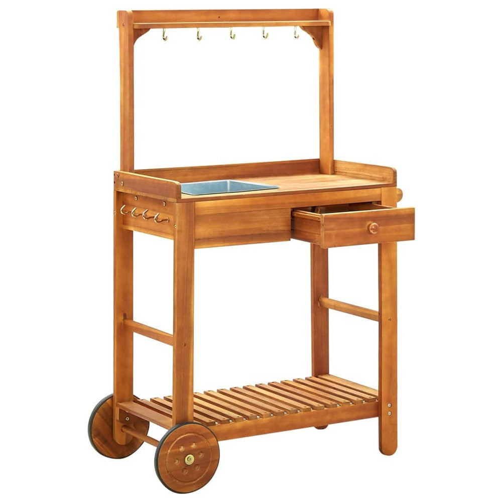 Outdoor Rolling Garden Cart on Wheels Multi Purpose w Tray Brown BM325969