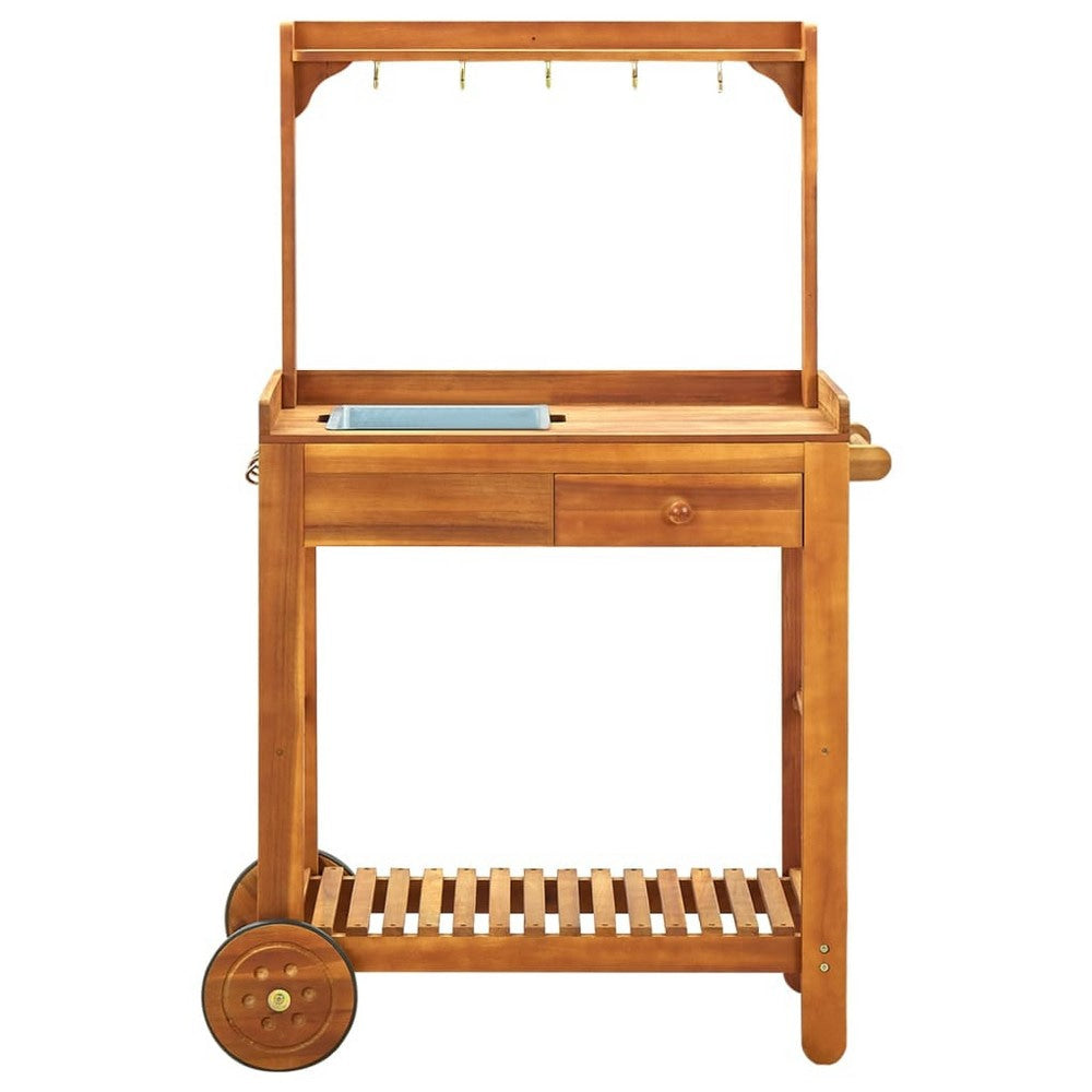 Outdoor Rolling Garden Cart on Wheels Multi Purpose w Tray Brown BM325969