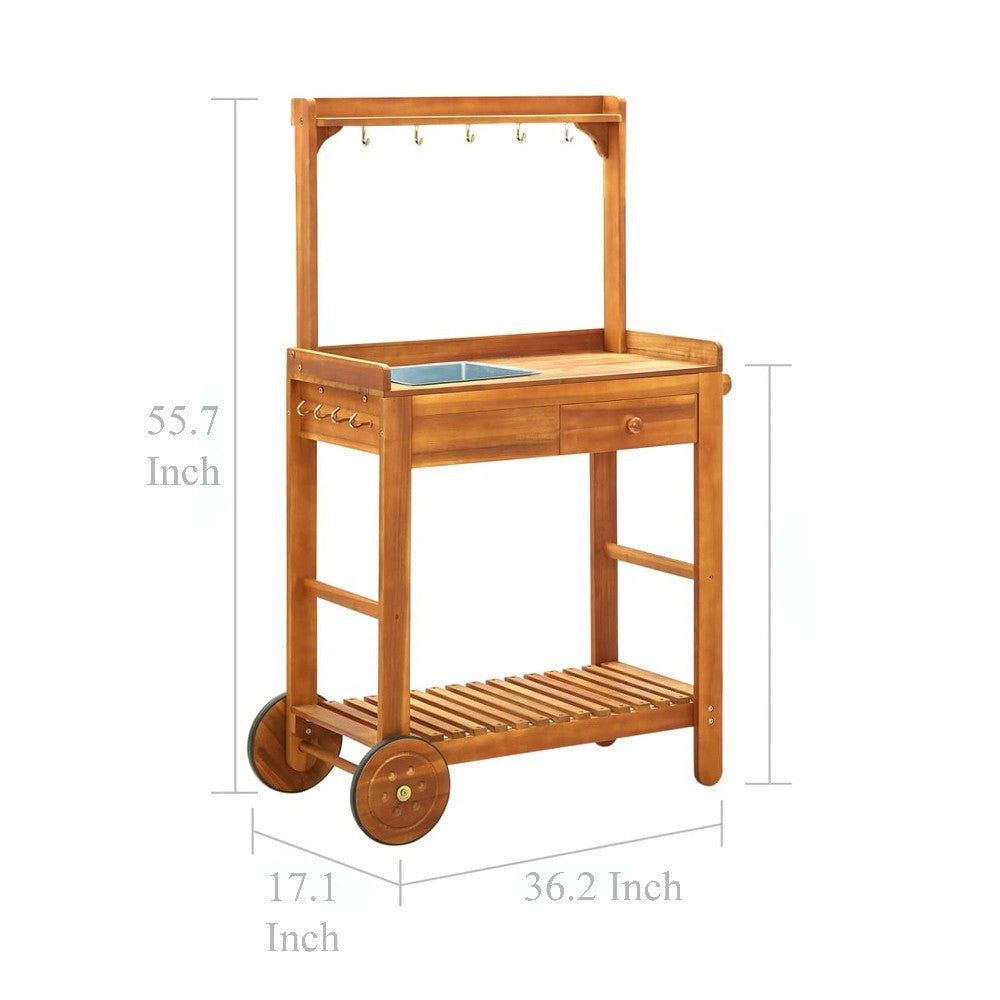 Outdoor Rolling Garden Cart on Wheels Multi Purpose w Tray Brown BM325969
