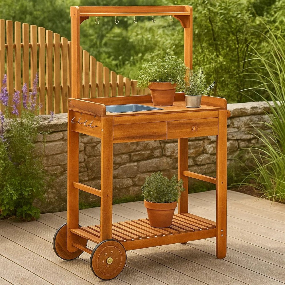 Outdoor Rolling Garden Cart on Wheels, Multi Purpose w Tray, Brown
