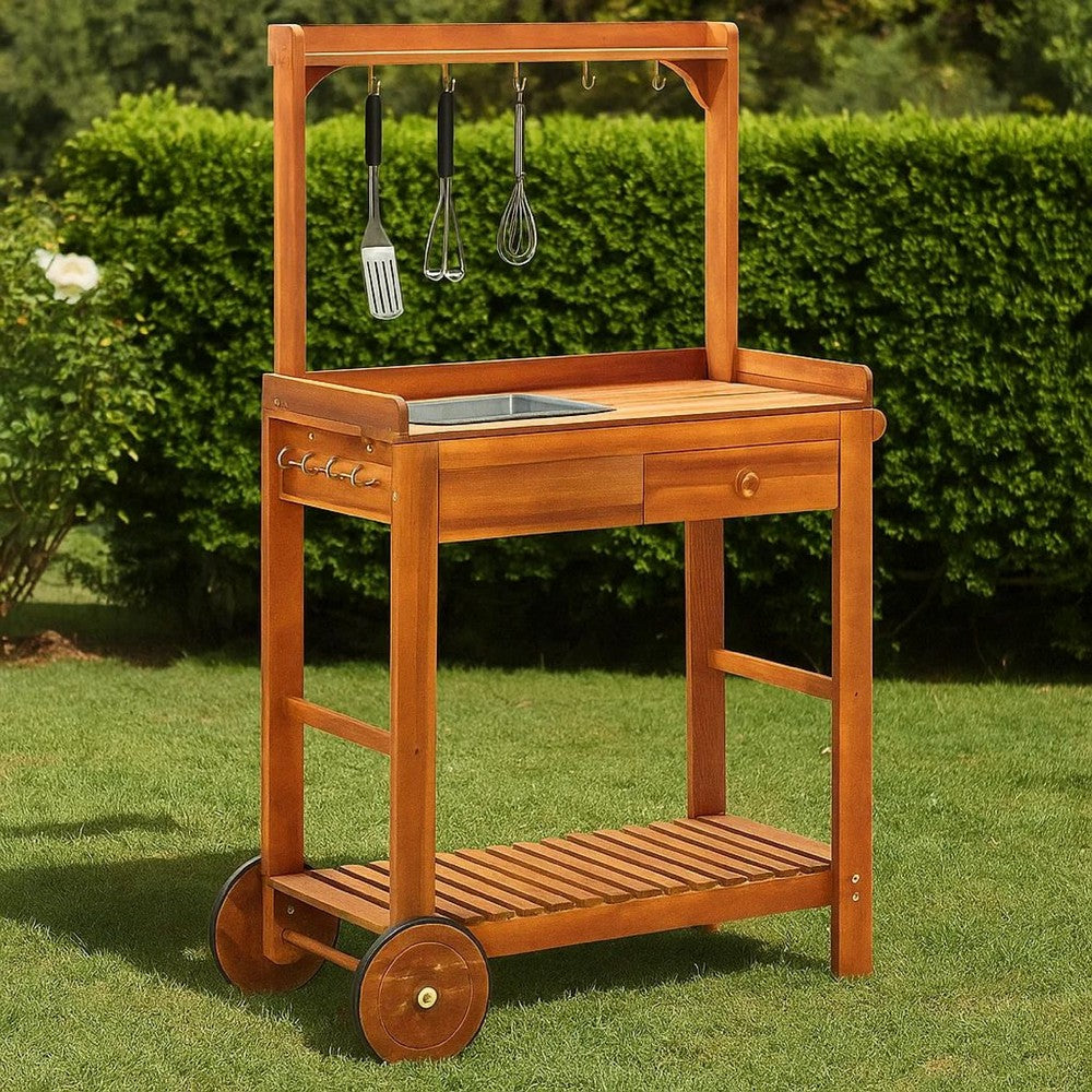 Outdoor Rolling Garden Cart on Wheels, Multi Purpose w Tray, Brown