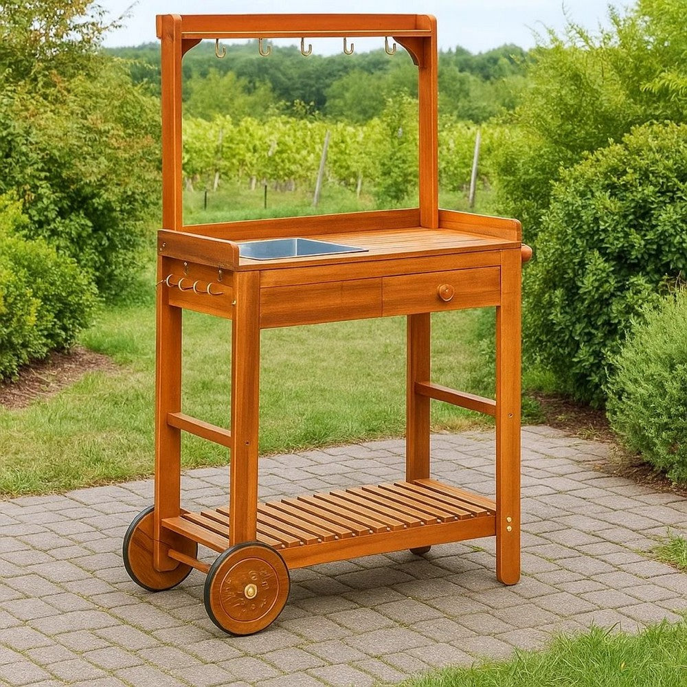 Outdoor Rolling Garden Cart on Wheels, Multi Purpose w Tray, Brown