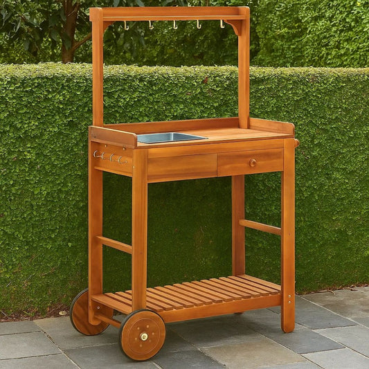 Outdoor Rolling Garden Cart on Wheels, Multi Purpose w Tray, Brown
