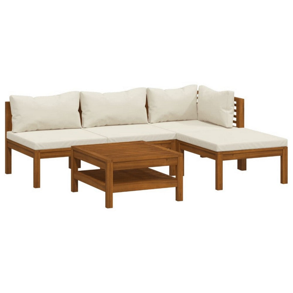 Lina Outdoor 5pc Modular Sofa Set, Brown Acacia Wood Coffee Table