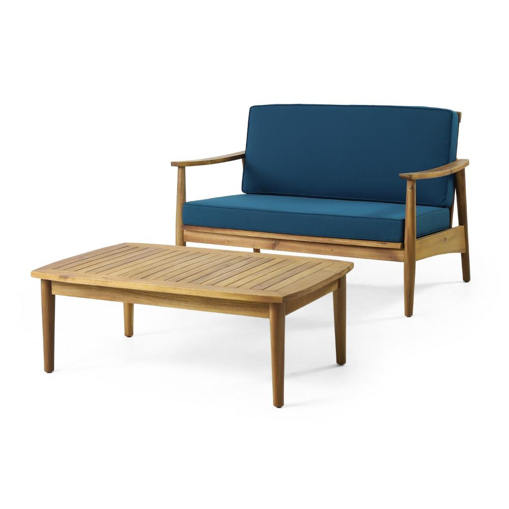 2pc Outdoor Loveseat and Table Set Teal Cushions Brown Wood Frame BM325972