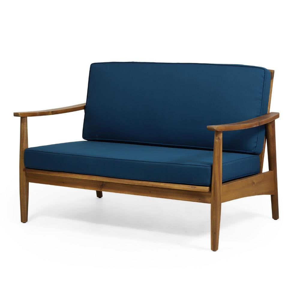 2pc Outdoor Loveseat and Table Set, Teal Cushions, Brown Wood Frame