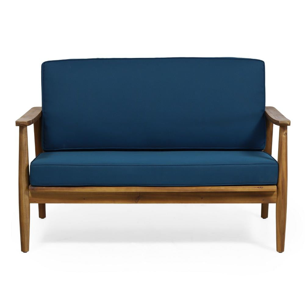 2pc Outdoor Loveseat and Table Set Teal Cushions Brown Wood Frame BM325972
