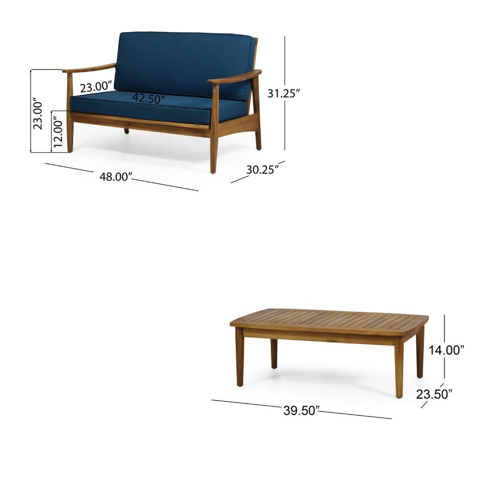 2pc Outdoor Loveseat and Table Set Teal Cushions Brown Wood Frame BM325972