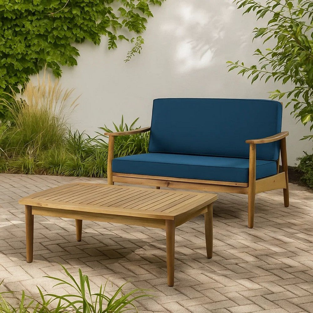 2pc Outdoor Loveseat and Table Set, Teal Cushions, Brown Wood Frame