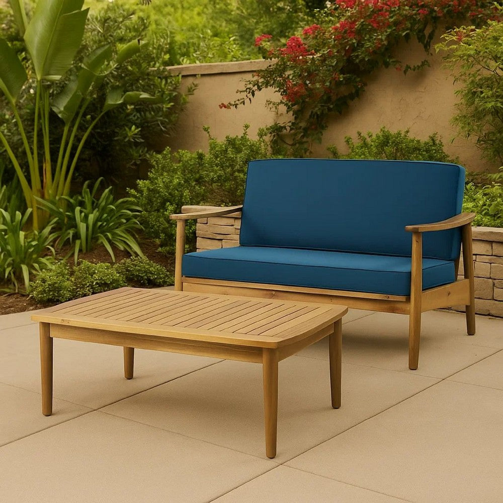 2pc Outdoor Loveseat and Table Set, Teal Cushions, Brown Wood Frame