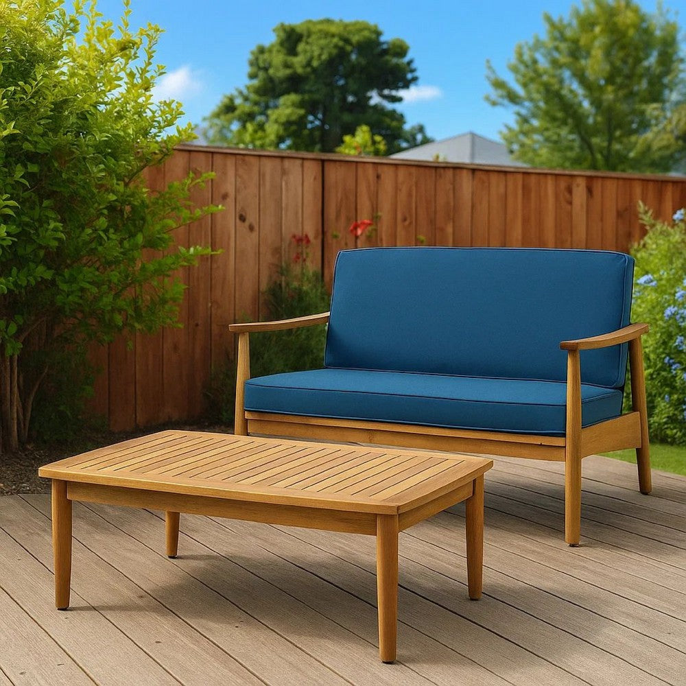 2pc Outdoor Loveseat and Table Set, Teal Cushions, Brown Wood Frame