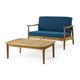 2pc Outdoor Loveseat and Table Set, Teal Cushions, Brown Wood Frame