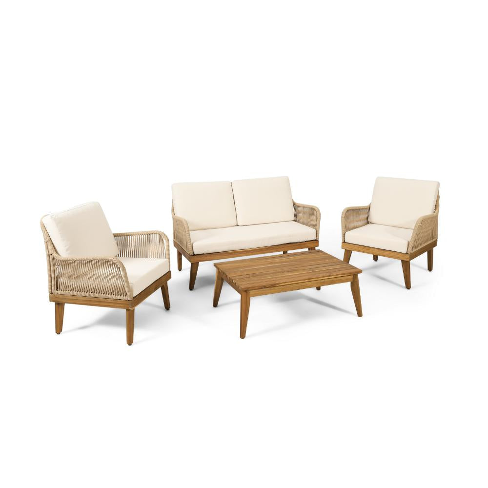 Oud 4pc Outdoor Sofa Set, Woven Rope Design, Natural Brown Acacia Wood