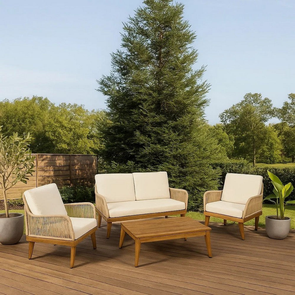 Oud 4pc Outdoor Sofa Set, Woven Rope Design, Natural Brown Acacia Wood