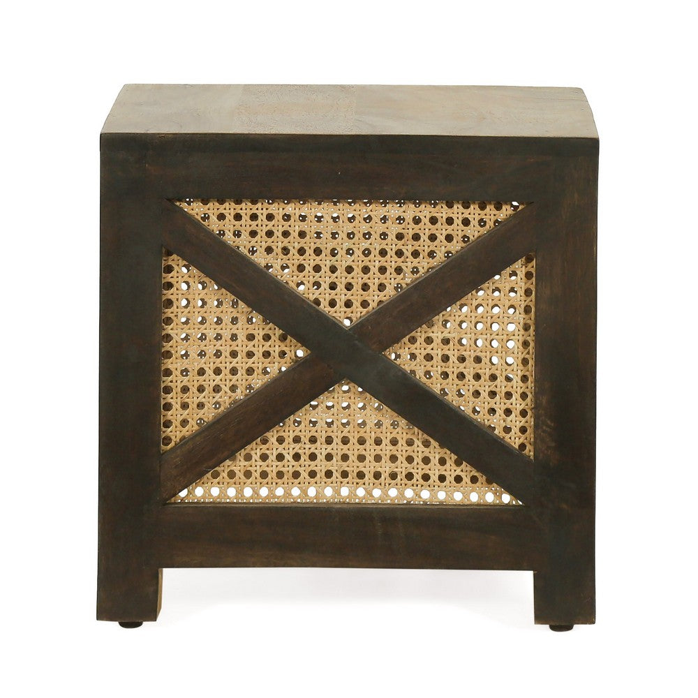Accent Ottoman Table, 16" Square, Boho Style, Cane Wicker Frame