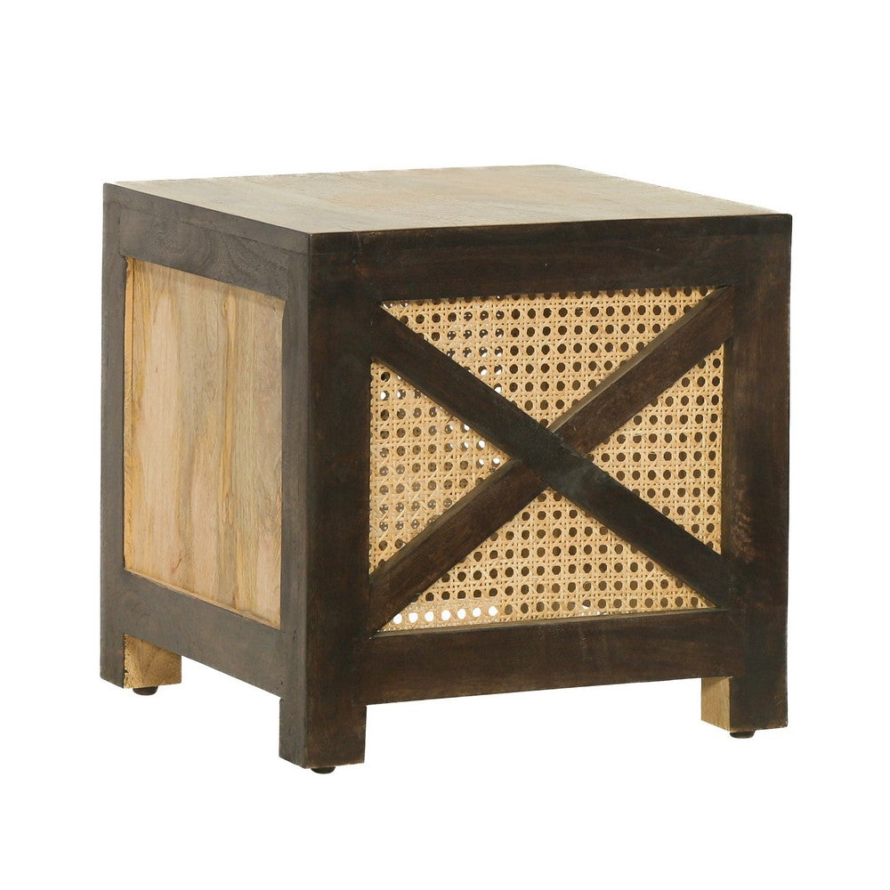 Accent Ottoman Table, 16" Square, Boho Style, Cane Wicker Frame