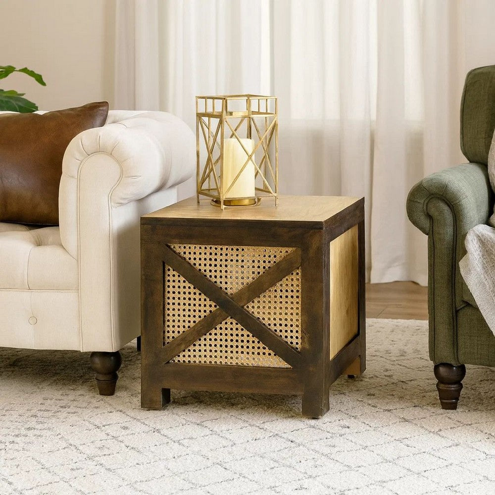 Accent Ottoman Table, 16" Square, Boho Style, Cane Wicker Frame