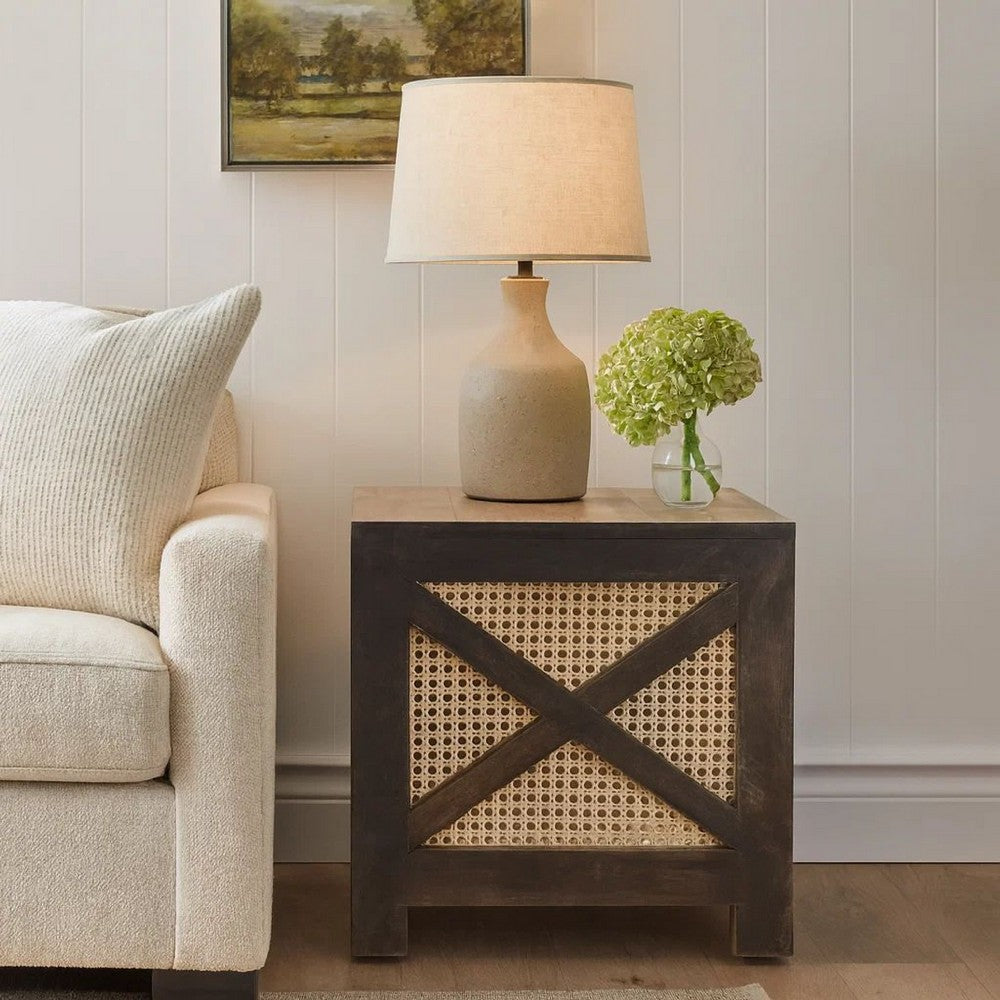 Accent Ottoman Table, 16" Square, Boho Style, Cane Wicker Frame