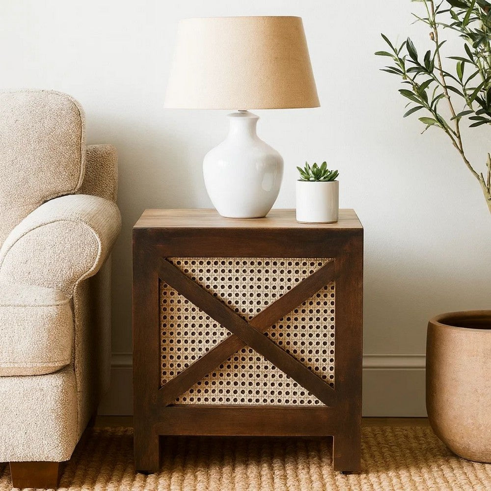 Accent Ottoman Table, 16" Square, Boho Style, Cane Wicker Frame